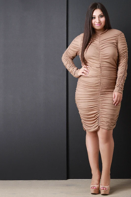 Mock Neck Long Sleeve Ruched Midi Dress