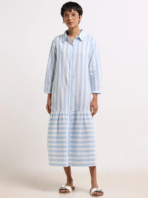 Utsa Blue Striped Cotton Shirt Midi-Dress