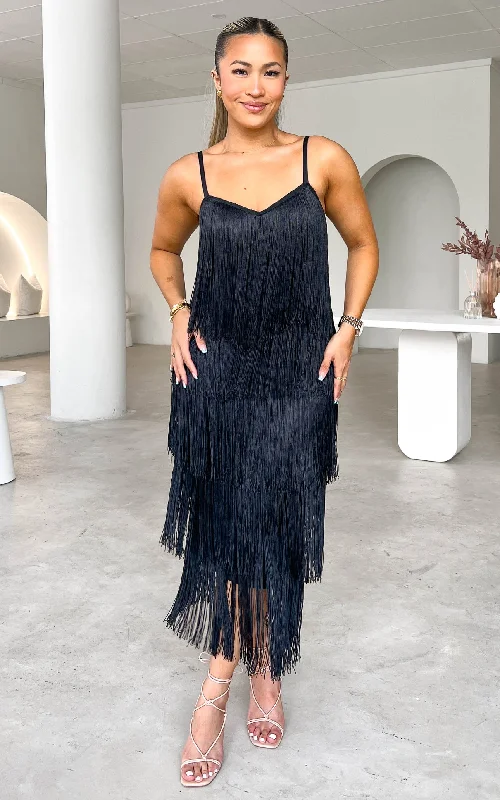 You Found Me Fringe Tassel Maxi Dress - Black